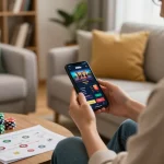 Engaged player using the 23Win app for online gaming, showcasing strategy notes and casino chips
