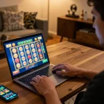 Player enjoying online games at home with 88clbgo slots displayed on a laptop screen