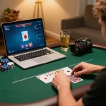 Player enjoying an intense poker game on luckywin platform with focused strategy in home environment.