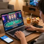 Player engaging with the 789club app on a laptop, enjoying a live dealer game in a cozy setup