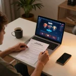 Person mastering iwin poker strategies at home gaming setup with notes and laptop.