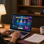 Engaging in vmax online gameplay on laptop with vibrant casino interface, showcasing strategic betting.