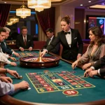 Hitclub players eagerly placing bets at a glamorous roulette table with a professional croupier.