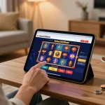 Engaging online gaming experience on hytw3339net featuring a player on a sleek tablet interface, cozy atmosphere