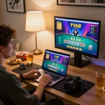 Engaging F168 online gambling scene with a player using laptop at home