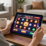 Sao789 player enjoying vibrant online slot games on a tablet in a cozy home setting.