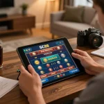 Engaging with sc88 mobile casino games on a tablet in a cozy home atmosphere.