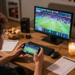 Player enjoying sports betting on win68 app during a thrilling game night with vibrant snacks around