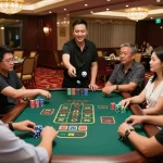 Exciting xóc đĩa game in a bustling casino, players engaged around a traditional table.