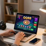Player engaging with QQ88 casino games on laptop, showcasing vibrant roulette action in a cozy home setting.