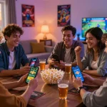 Friends enjoying a game night on QE8.BEER with smartphones and a lively atmosphere.
