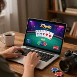 Player enjoying 33win poker game at home in a cozy setup with laptop and coffee.