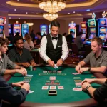 Engaged players making strategic decisions at the luck8 blackjack table in a lively Vegas casino.