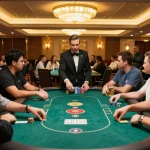 Players strategizing at poker table in luxury casino, showcasing exhilarating S666 gameplay moments