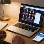 Engaging user enjoying HM88 casino games on a laptop, highlighting online gaming strategies and bankroll management.