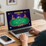 Player immersed in exciting fly88 online poker game on laptop, with strategy notes close by