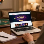 Engaging in strategic online gaming at Thabet with laptop and betting notes.