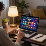 Engaging in game đổi thưởng while strategizing from a cozy home setting with a laptop.
