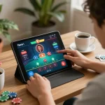 Player using GO8 tablet for an engaging online blackjack game in a cozy atmosphere