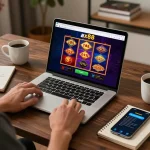 Player enjoying slots on ax88 online casino, showcasing a cozy home setup with gaming notes.