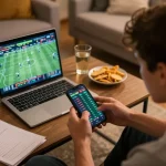 Capturing a thrilling moment of sports betting with twiin68 on a smartphone in a cozy home setting.