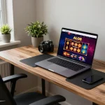 Person engaging with the ALO8 casino platform on a laptop at a stylish home desk.