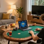 Playing poker on a laptop while enjoying snacks in a cozy setting, 789Club gaming featured