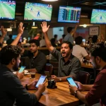 Engaging sports betting excitement at KKBD Bangladesh with enthusiastic bettors using mobile apps.