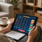 Engaging in lô đề online betting with strategy notes and tablet in a cozy living room