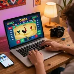 DAGAGO player enjoying live betting on chicken fights with laptop in a cozy home setting.