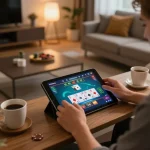 Engaging user playing CK444 online casino game on a tablet, cozy home atmosphere enhancing gaming focus