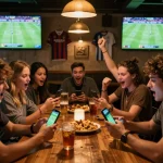 Friends placing bets on kèo nhà cái while cheering for their favorite team in a lively sports bar