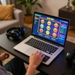 Engaging in NK88 slot games online, showcasing colorful interface and cozy home gaming setup.