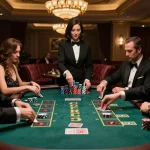 Players at hit club blackjack table engaging in high-stakes gameplay with colorful chips.
