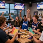 Group of friends celebrating while placing bets at Topbet sportsbook, vibrant atmosphere with live sports on screens