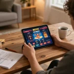 Player enjoying interactive bl555 casino games on a tablet in a cozy home environment.