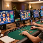 Player engaging with F8bet casino games on a sleek multiple screen setup, showcasing strategic gameplay.