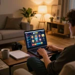 Engaged player using BET168 app on laptop, surrounded by cozy home decor and gambling strategy notes.