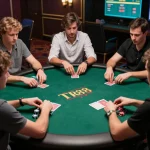 Players strategizing at TR88 poker table, engaging in gameplay with chips and cards visible.