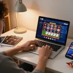 Engaging in TT88 ONLINE gaming at home with laptop and mobile app, showcasing a strategic gambling environment.