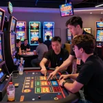Exciting gaming atmosphere at BEM88 online casino featuring enthusiastic players, vibrant slot machines, and live dealer interactions.