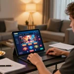 Engaging in gameplay on 78WIN online casino platform with a sleek tablet in cozy home setup.