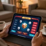 Tài xỉu online uy tín being played on a tablet in a cozy home setting, showcasing strategic gaming.
