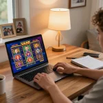 Engaging in VA88 online slots with strategic notes at cozy home gaming setup.