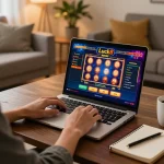 Luck8 online gaming setup with a person engaged in casino games at home, showcasing strategy and comfort.