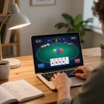 Player enjoying online poker on xx88 gaming platform, surrounded by strategy notes and warm lighting.
