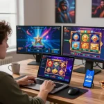 Engaging scene of a player enjoying the 45X bet experience with vibrant slot games and modern gaming setup.