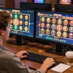 Engaging with lc88 online slots, vibrant graphics on screen during an at-home gaming session.