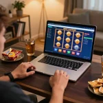 Engaging with the 8EEE plataforma online casino while enjoying a cozy home gaming experience.