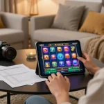 Engaging in responsible gaming at home with onbet slot game on tablet, cozy interior.
